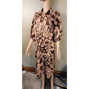 Umgee Brown Printed 3/4 Sleeved Midi Dress w/ V Neck  Piping Floral  Cottagecore